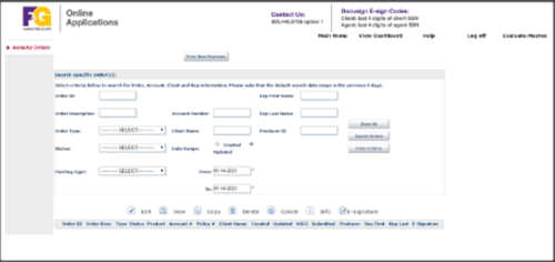 Screenshot of application search form