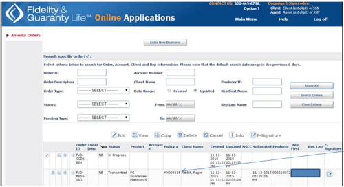 Screenshot of list of application orders