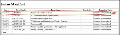 Form manifest with ADMIN5278 form circled in red